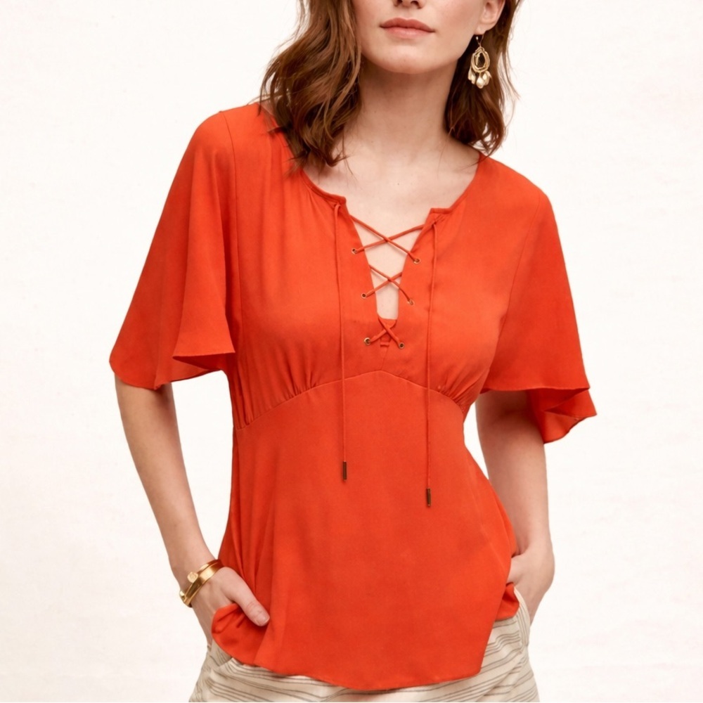Anthropologie HD in Paris Orange Lace Up Blouse Flutter Sleeve Boho Top Sz 6